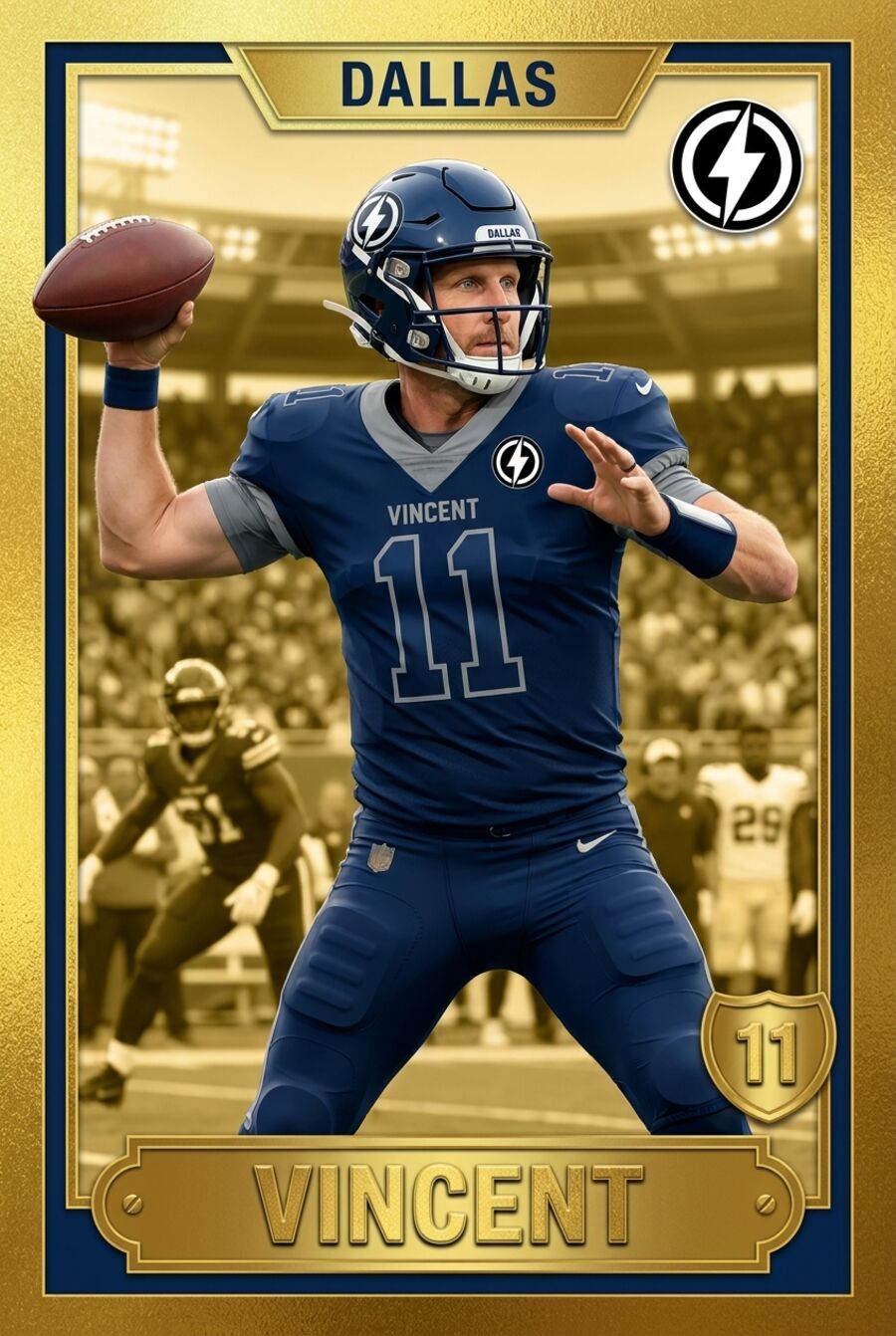 Gold chrome frame — football, city and number tokens filled