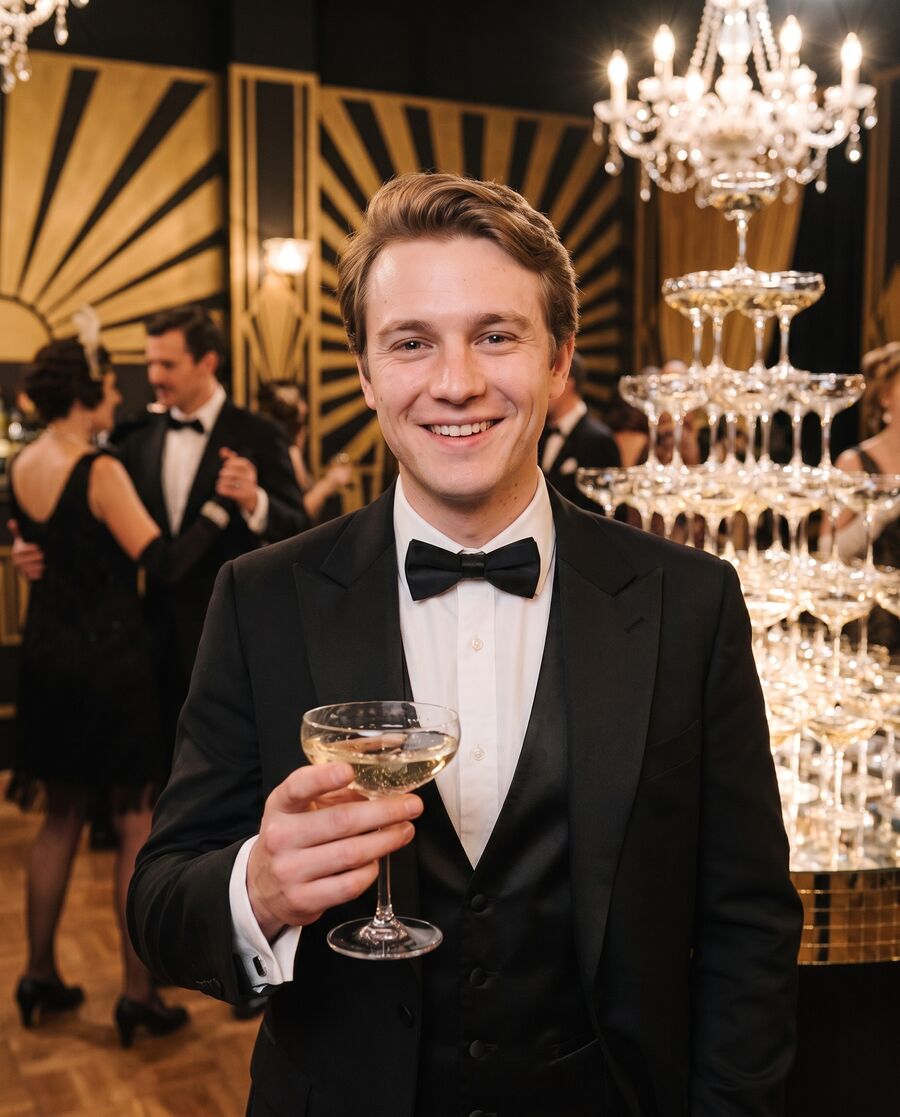 Gatsby gala — champagne tower, black tie, chandelier