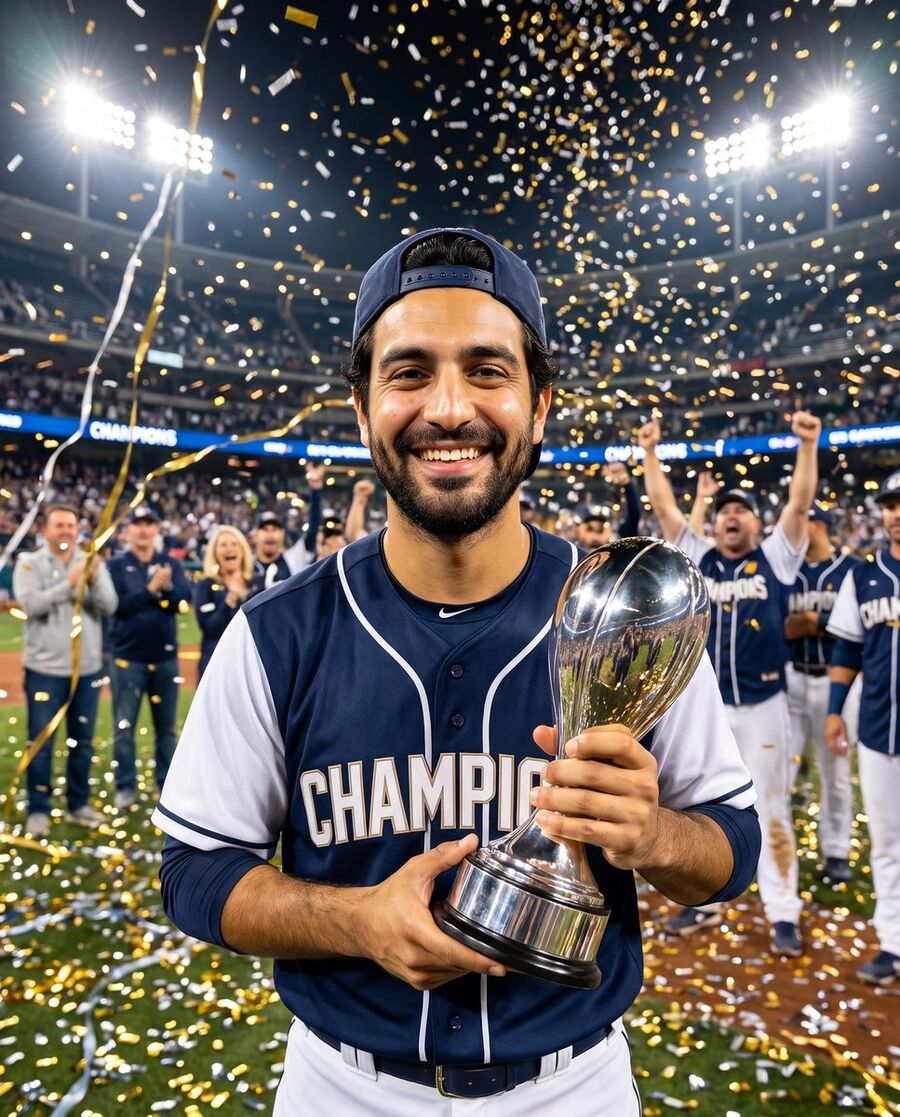 Championship parade — trophy, confetti, packed stadium